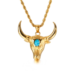 Vintage gold bull head necklace with blue turquoise stone and twisted rope chain