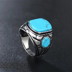 Retro men's titanium steel ring featuring a square turquoise stone and vintage silver finish