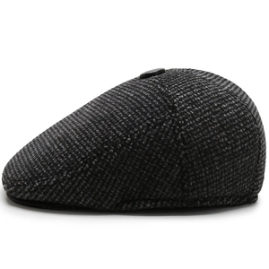 Classic grey checkered newsboy flat cap for elderly men made of warm wool blend fabric