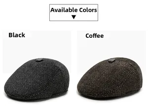 Detail view of black and coffee flat caps featuring tweed texture and top button