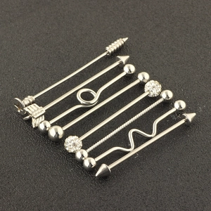 Detailed set of 8 silver stainless steel industrial barbells with unique screw and arrow heads