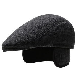 Men's dark grey tweed winter hat with earflaps and warm windproof flap design