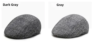 Detail view of winter plaid ivy caps for men in dark gray and light gray wool blend