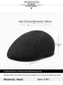 Size chart showing 58cm circumference and 11cm depth for wool blend flat cap