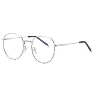 Retro round silver metal eyeglass frames with anti-blue light clear lenses and black tips