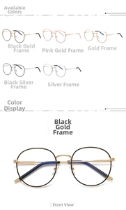 Detail view of round metal eyeglasses frames in five assorted colors with silicone nose pads