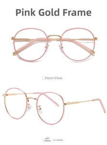 Detailed views of pink gold round metal optical glasses from front and 45-degree angles