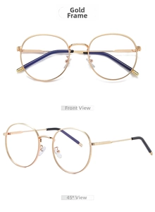 Detail view of round gold metal eyeglass frames showing front and 45-degree side angles