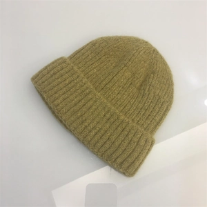 Winter mustard yellow ribbed knit beanie hat in warm mohair style with a short skullcap fit