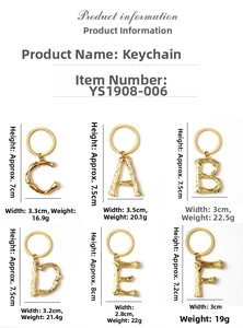 Detailed view of bamboo textured letter A-F keychains in elegant gold finish