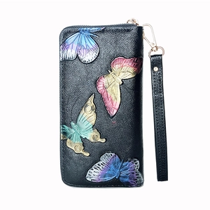Black long leather wallet for women with colorful embossed butterfly and wrist strap