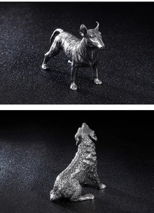 Detailed views of standing and sitting metal dog statues with a rustic dark finish