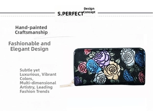 Detailed macro view of the 3D floral embossed pattern and gold zipper on this long wallet