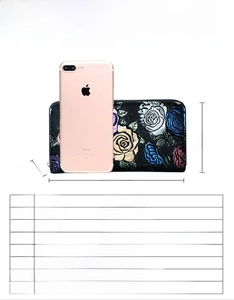 Detailed size chart for long PU leather floral wallet with iPhone scale comparison