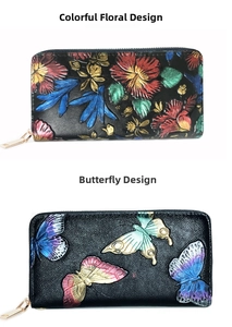 Detail view of colorful floral and butterfly embossed long zip wallets with lychee texture