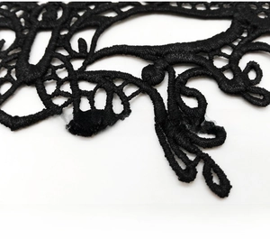 Macro shot of intricate black lace patterns with scalloped edges for party eye mask
