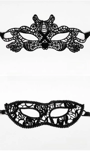 Detail of two black lace eye masks with intricate floral embroidery and cutouts