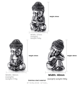 Detail of stainless steel Buddha statues with dimensions and brushed metal finish details