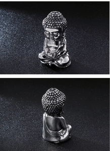 Front and back views of a polished silver stainless steel meditating Buddha figurine
