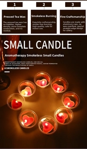 Macro detail of eight red heart-shaped tea light candles burning in a circle layout