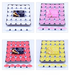Detailed view of 50pcs scented tea light candles in white pink red and yellow colors