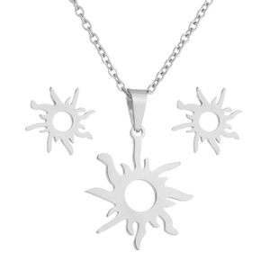 Elegant stainless steel jewelry set featuring sun-shaped necklace and matching earrings