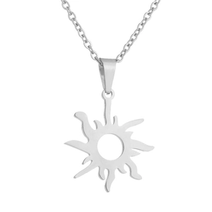 Detailed view of a silver stainless steel necklace featuring a minimalist sun pendant