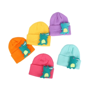 Kinder Strickmützen in Bonbonfarben mit 3D-Cartoon-Dinosaurier-Puppe für den Winter