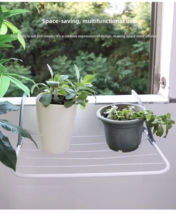 Foldable hanging balcony rack with metal rods holding potted plants on window ledge