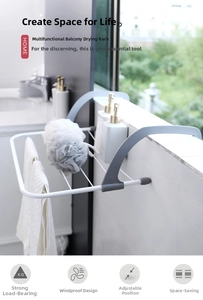 Foldable white metal balcony rack for drying shoes and towels with adjustable grey hooks