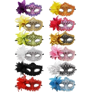 Venetian Masquerade Mask Lace Plastic Mask With Large Side Satin Flower Feather Rhinestone For Halloween Carnival Party