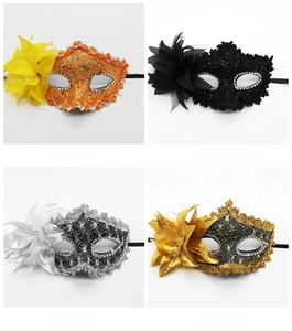 Lace masquerade masks with side feather flowers in orange, black, silver, and gold