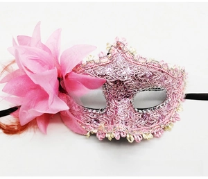 Detail of pink lace masquerade mask with rose flower, sequins and silver rhinestones