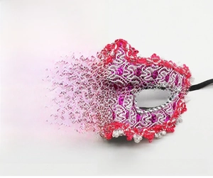 Close-up of rose red lace masquerade mask with glitter, side flowers and feathers