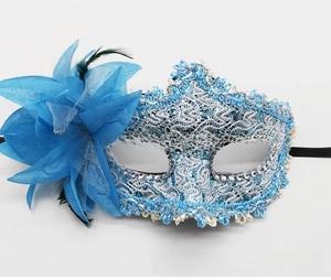 Detailed macro view of blue lace Venetian masquerade mask with rose flower and black feathers