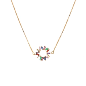 Fashion gold necklace featuring a hollow circular pendant with multi-colored zircons