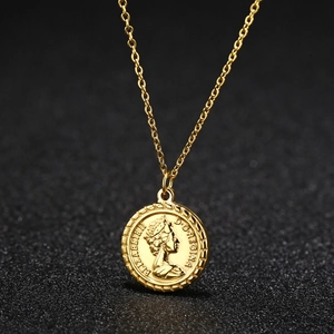 18K gold plated necklace featuring Queen Elizabeth coin pendant on a dark background