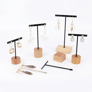 3-piece T-bar earring display set with black metal stands and solid wood bases