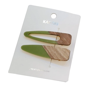 Retro Morandi green and wood triangle hair clip set on a white display card