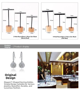 Size chart for 3-piece metal T-bar earring display stands with wooden bases in black