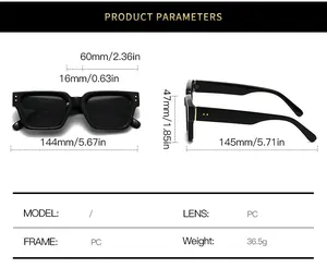 Detailed sizing chart and specifications for rectangular thick frame sunglasses