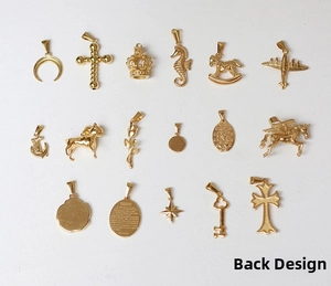 Detailed grid of 18K gold plated charms including seahorse, anchor, and rose designs