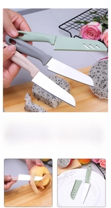 Three-piece stainless steel fruit knife set with ventilated sheaths in pastel colors