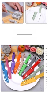 Detail of colorful stainless steel fruit knives with protective sheaths and matte handles