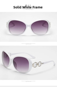 Detail of white oversized sunglasses with purple gradient lenses and silver chain accents