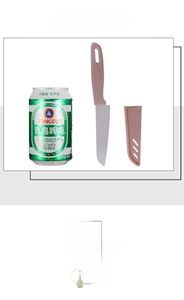 Detailed view of the compact fruit knife and sheath with a size comparison guide
