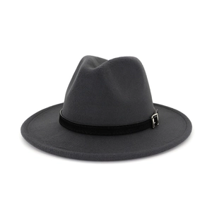 Detail showing high-quality dark grey wool felt fedora with black strap and silver buckle