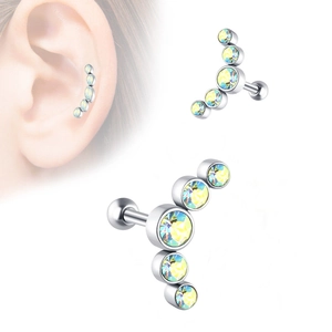 Surgical stainless steel stud earring with iridescent zircon curved design on model