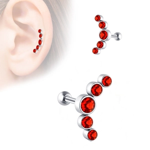 Stainless steel curved helix stud with five red crystals shown on model and close-up