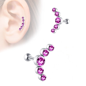 Close-up of curved silver steel ear studs with five pink round crystals and screw backs